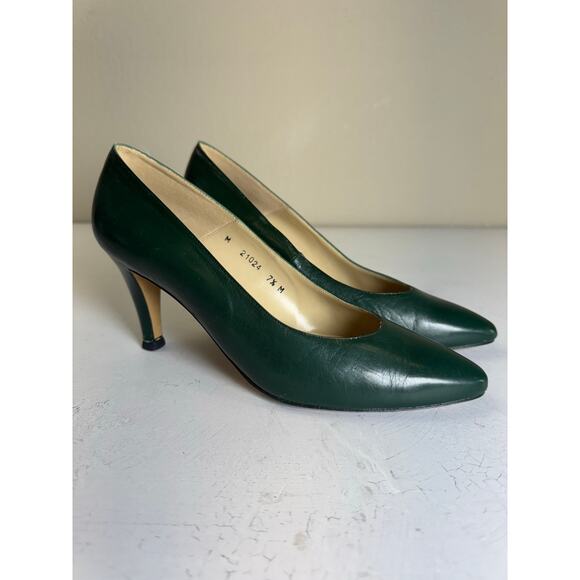 Jacqueline‎ Ferrar Vintage Green Leather Heels Size 7M Pointed Toe Pumps 80s 90s - Picture 1 of 8